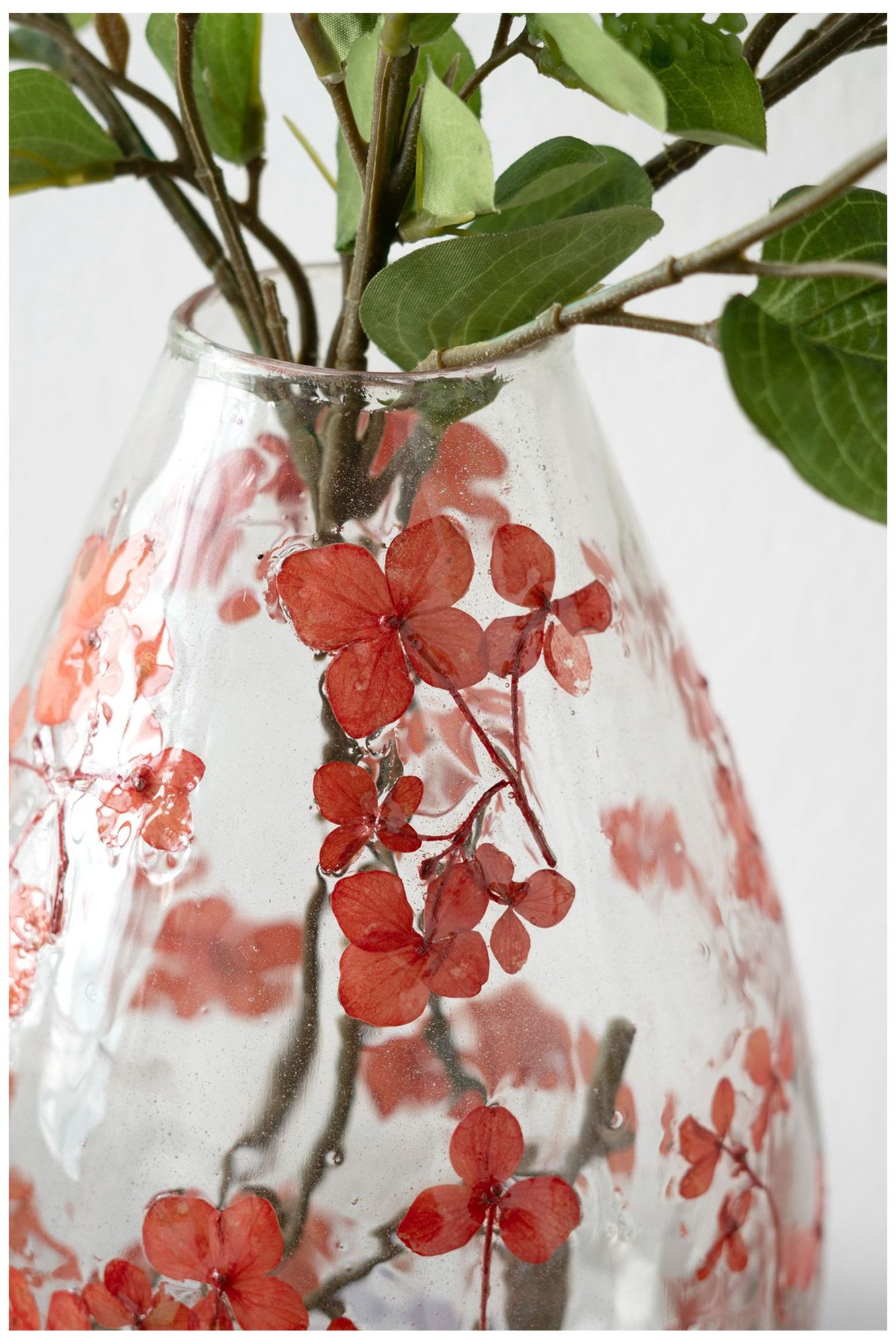 Round Clear Glass Vase w/ Whimsical Red Flower Design