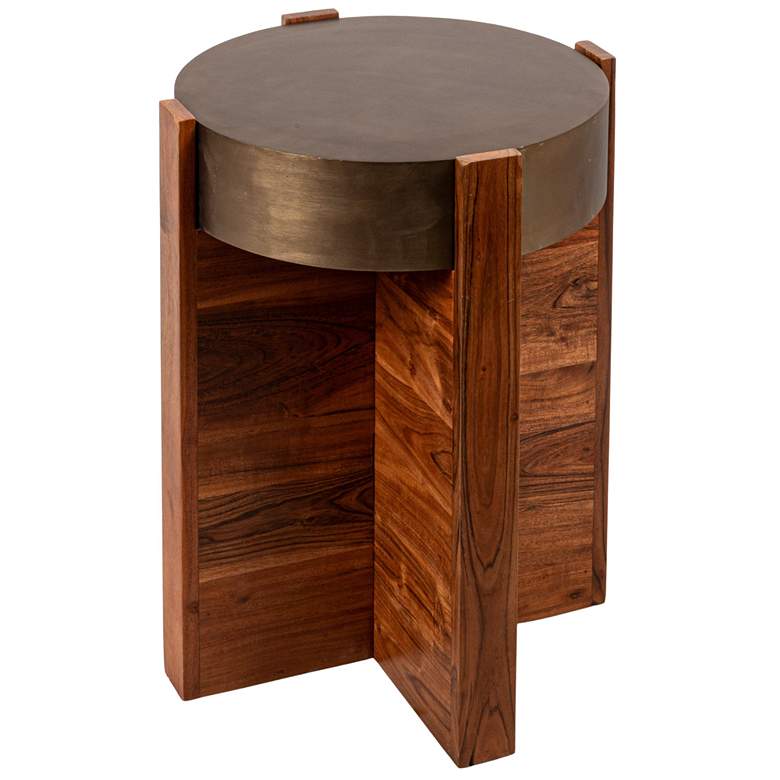 Image 2 Round Cross Slat Acacia Wood End Table with Metal Top