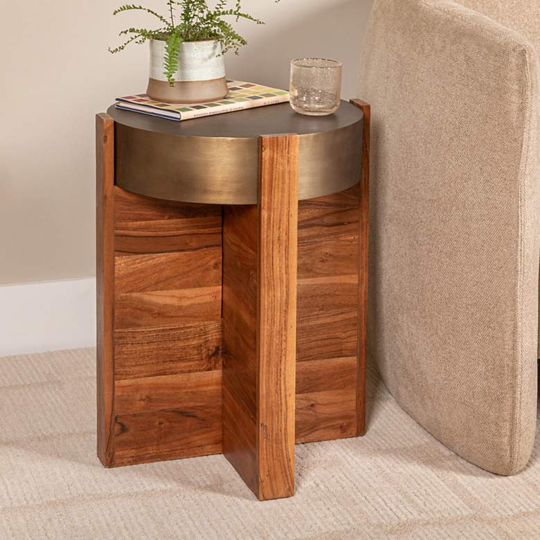 Image 1 Round Cross Slat Acacia Wood End Table with Metal Top