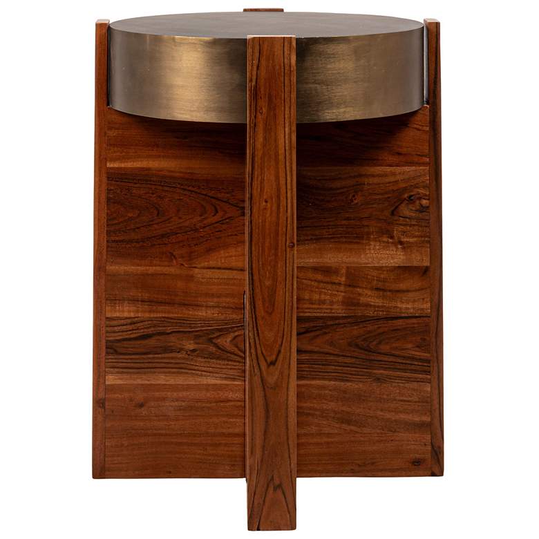 Image 5 Round Cross Slat Acacia Wood End Table with Metal Top more views