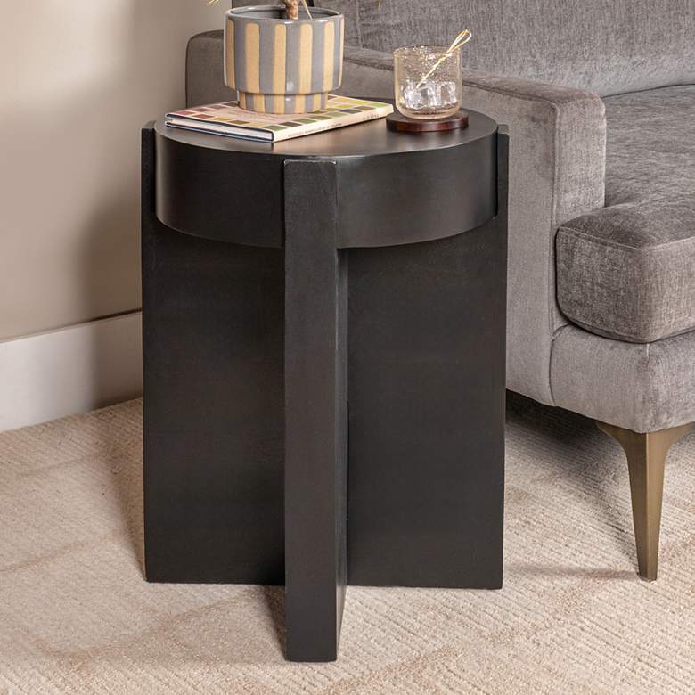 Image 1 Round Cross Slat Acacia Wood End Table with Metal Top