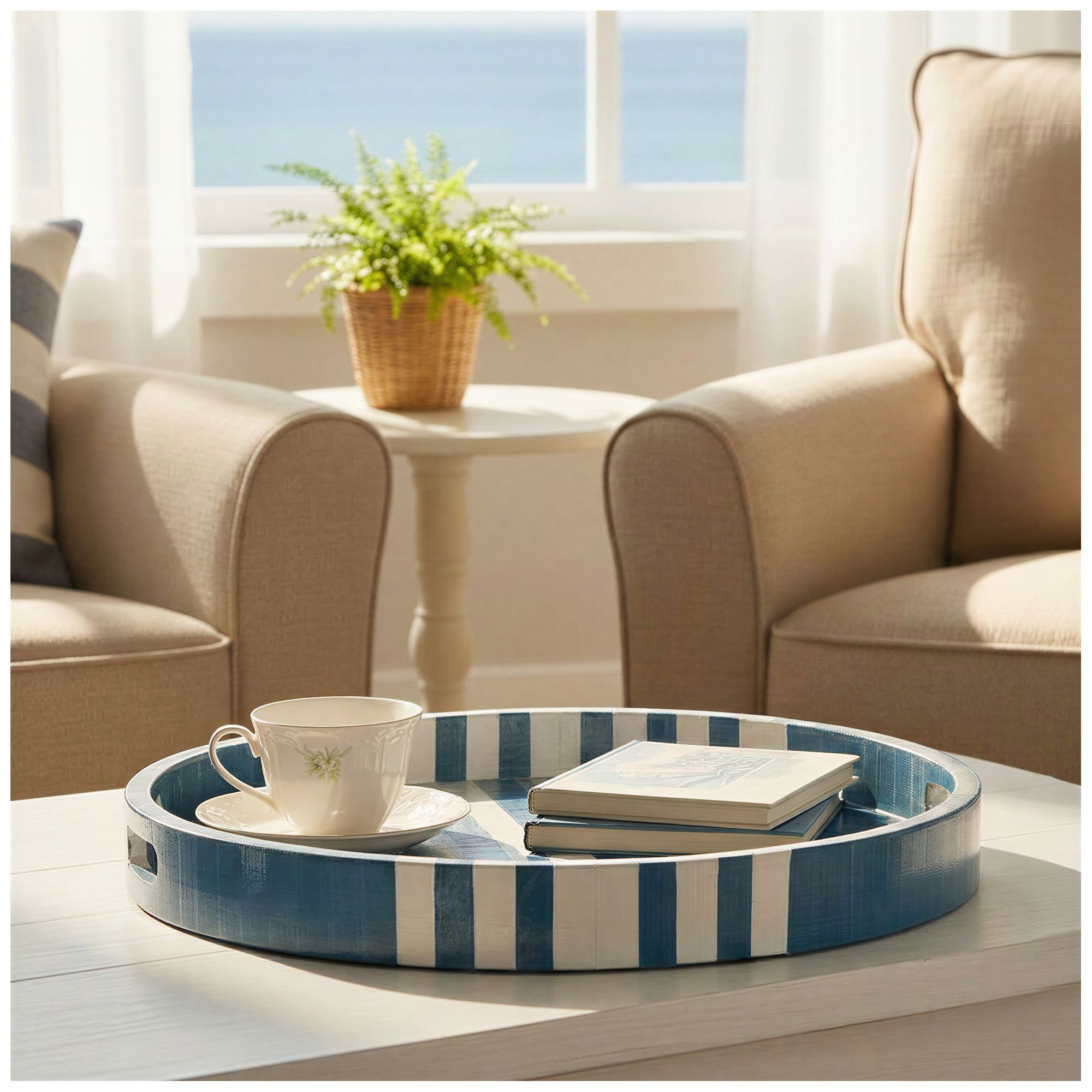 Image 2 Round Decorative Marbled Resin Tray with Stripes and Handles more views