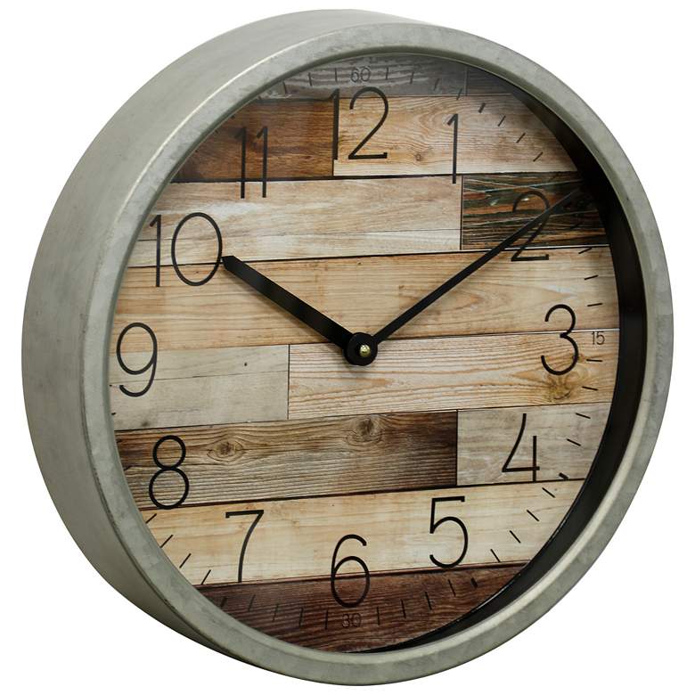 Image 1 Round Framed Faux Plank Wood Wall Clock with Glass Front - Semi-Gloss Gray
