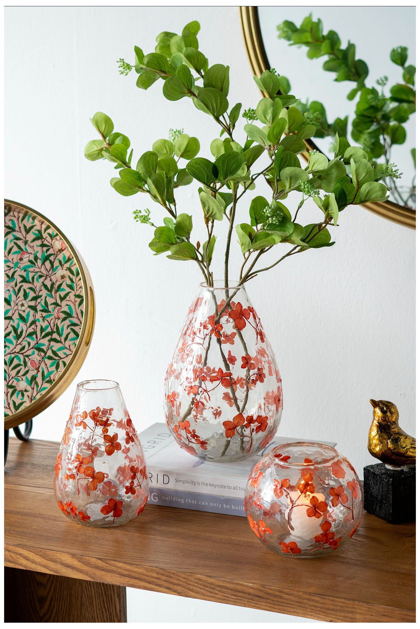 Round Glass 5.5" x 5" Votive Candle Holder Red Cherry Blossom