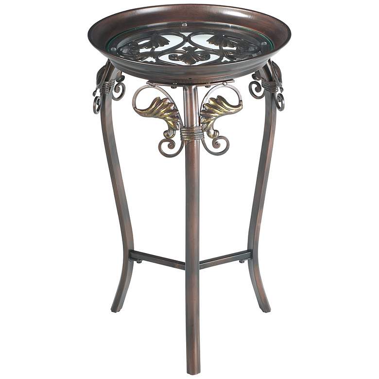 Image 1 Round Glass Top Scroll Accent Table in Bronze