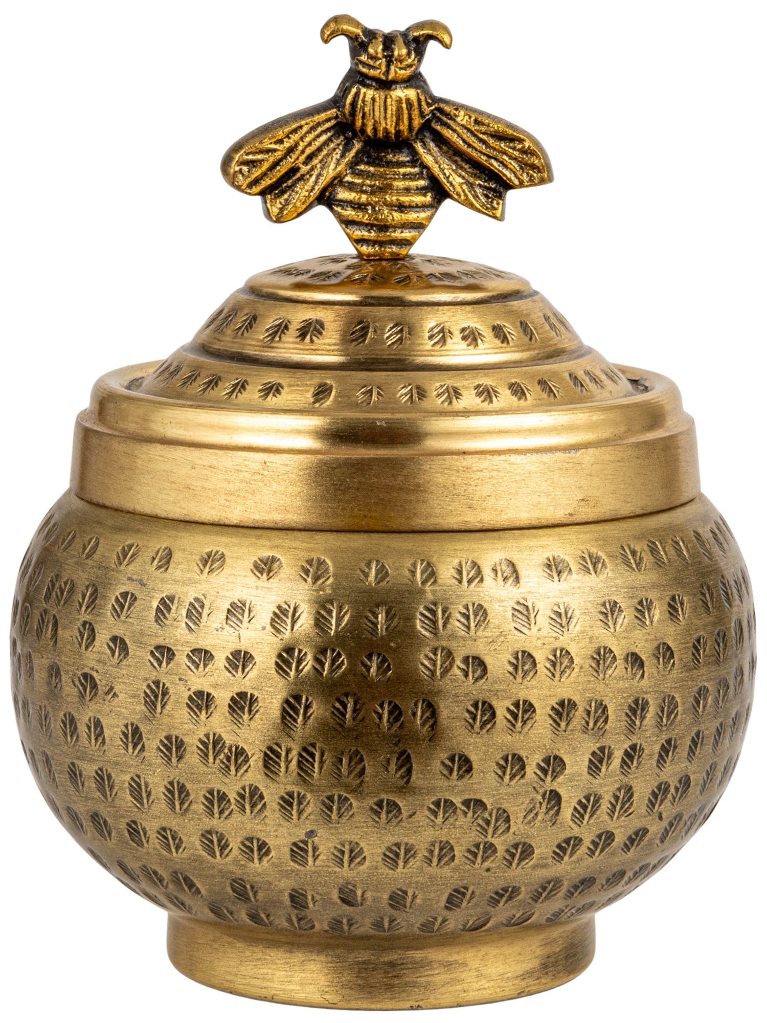 Round Hammered Metal Container with Bee Finial, Brass Finish