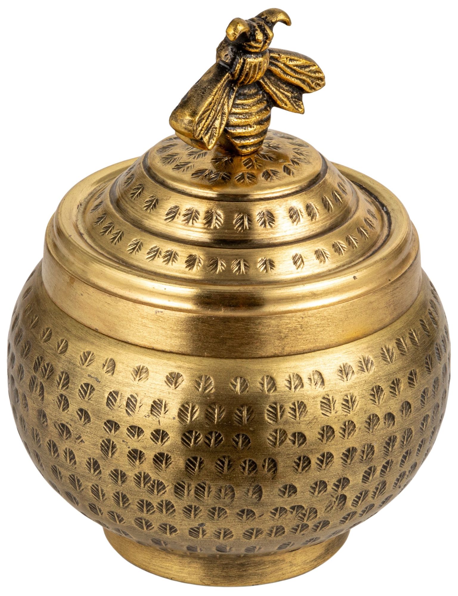 Image 3 Round Hammered Metal Container with Bee Finial, Brass Finish more views