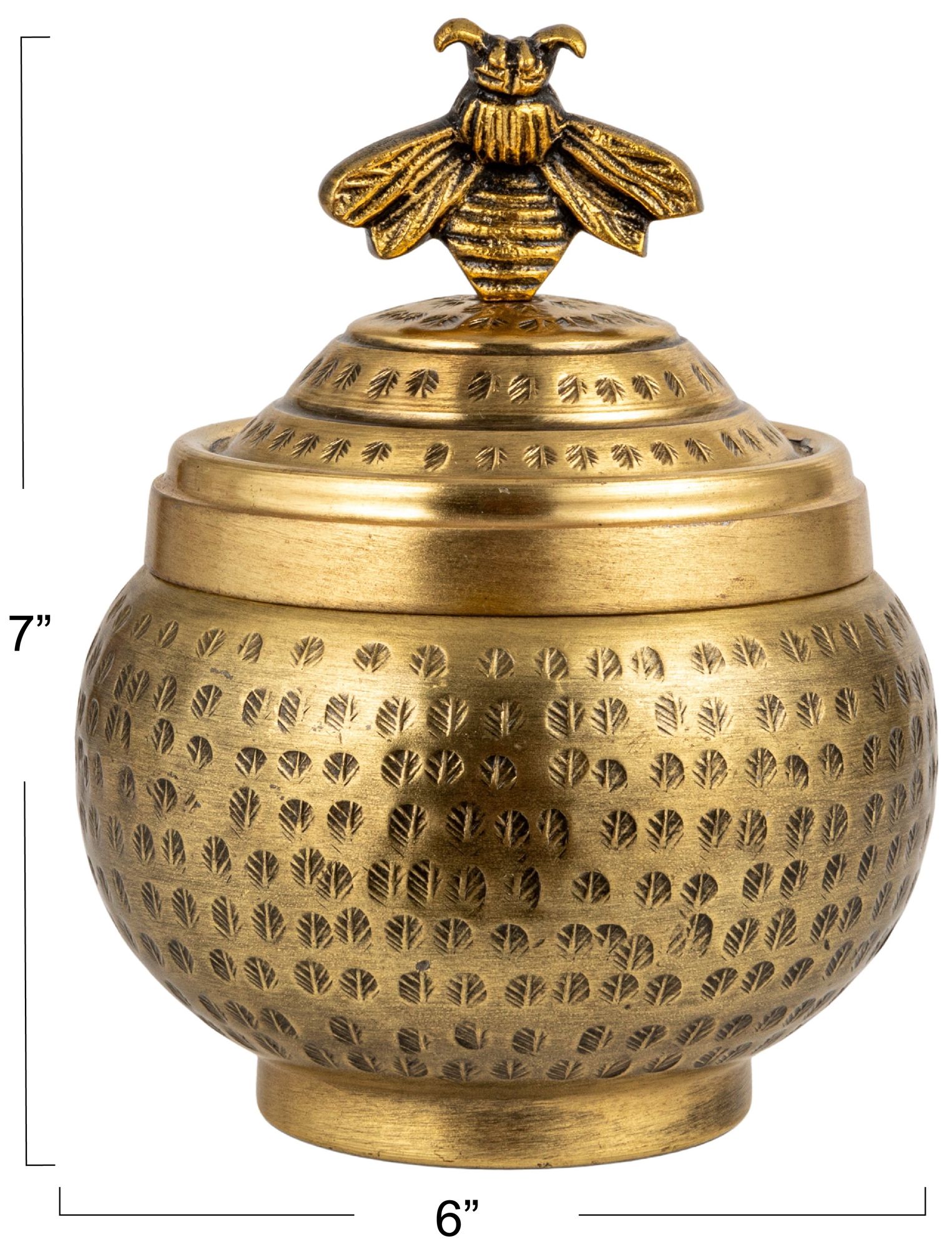 Image 4 Round Hammered Metal Container with Bee Finial, Brass Finish more views