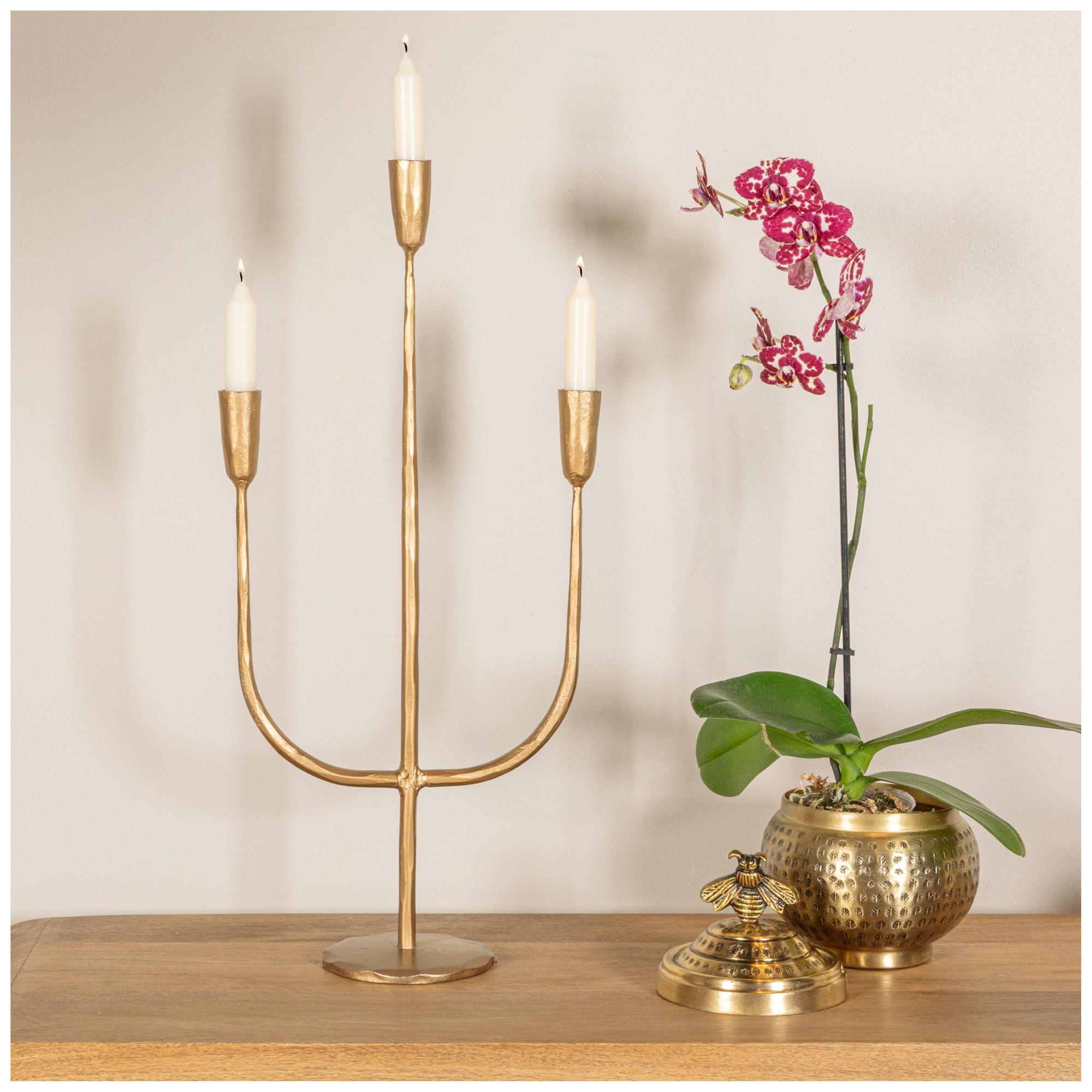 Image 5 Round Hammered Metal Container with Bee Finial, Brass Finish more views