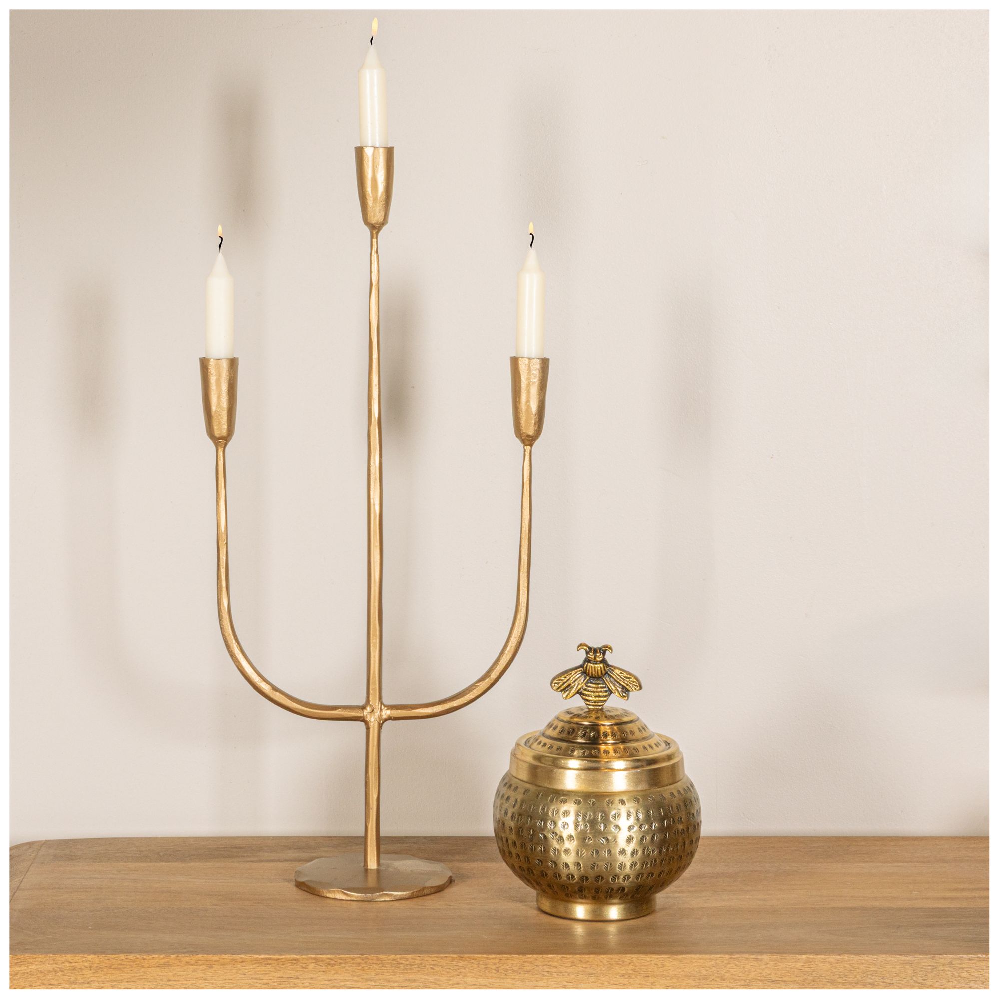 Image 6 Round Hammered Metal Container with Bee Finial, Brass Finish more views