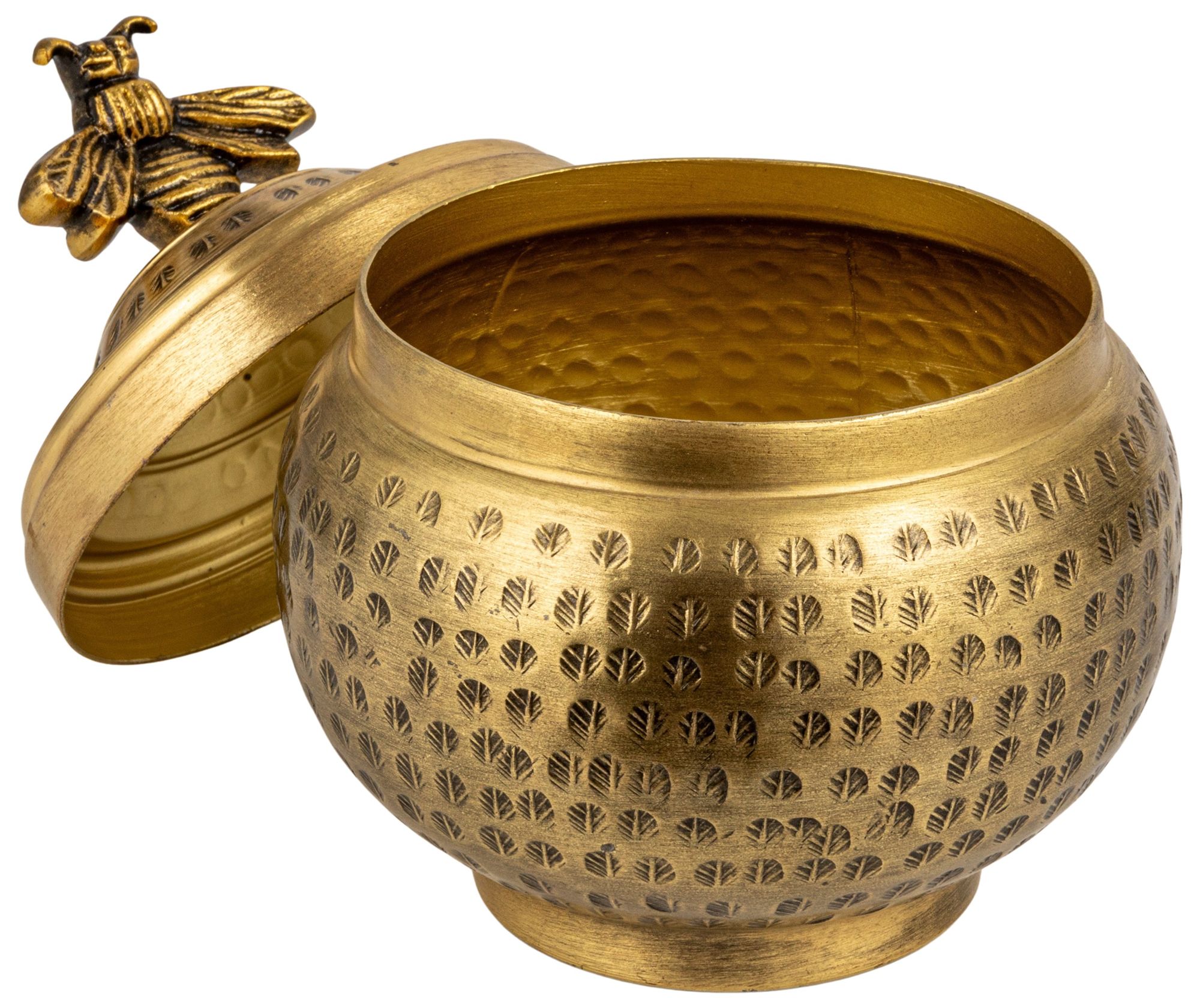 Image 7 Round Hammered Metal Container with Bee Finial, Brass Finish more views