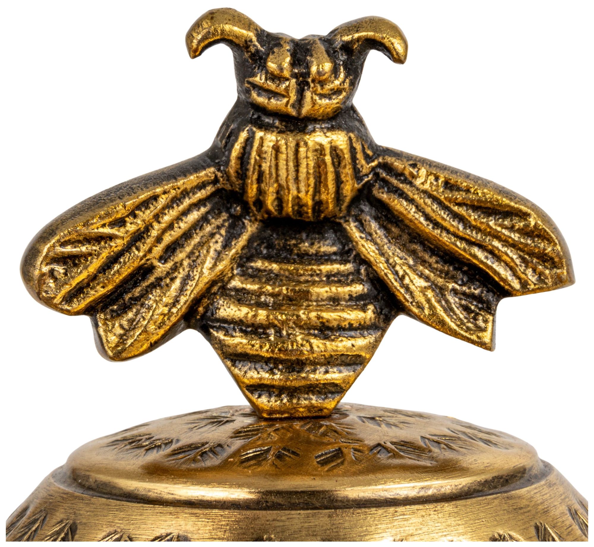 Round Hammered Metal Container with Bee Finial, Brass Finish