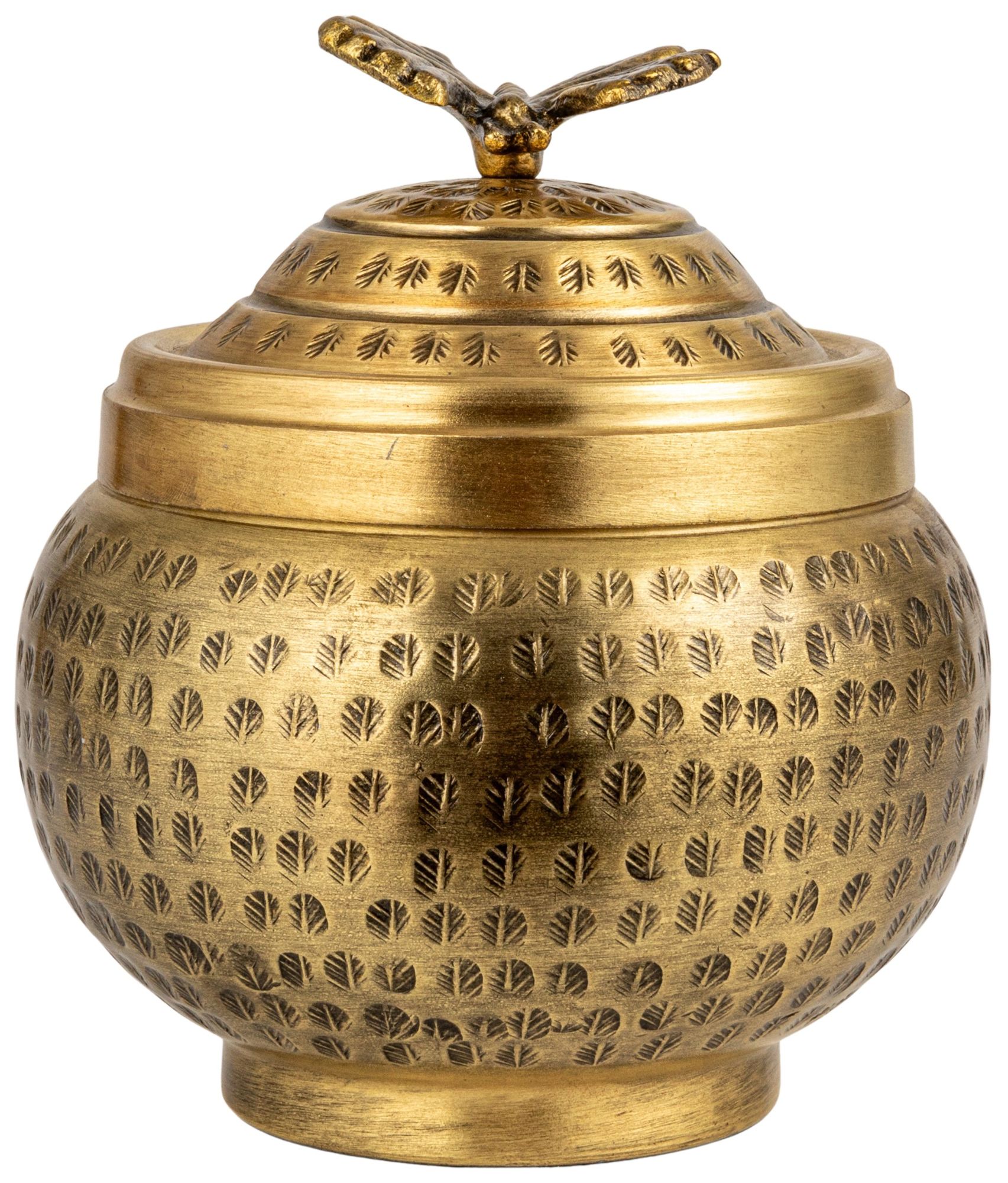 Round Hammered Metal Container with Butterfly Finial, Brass Finish