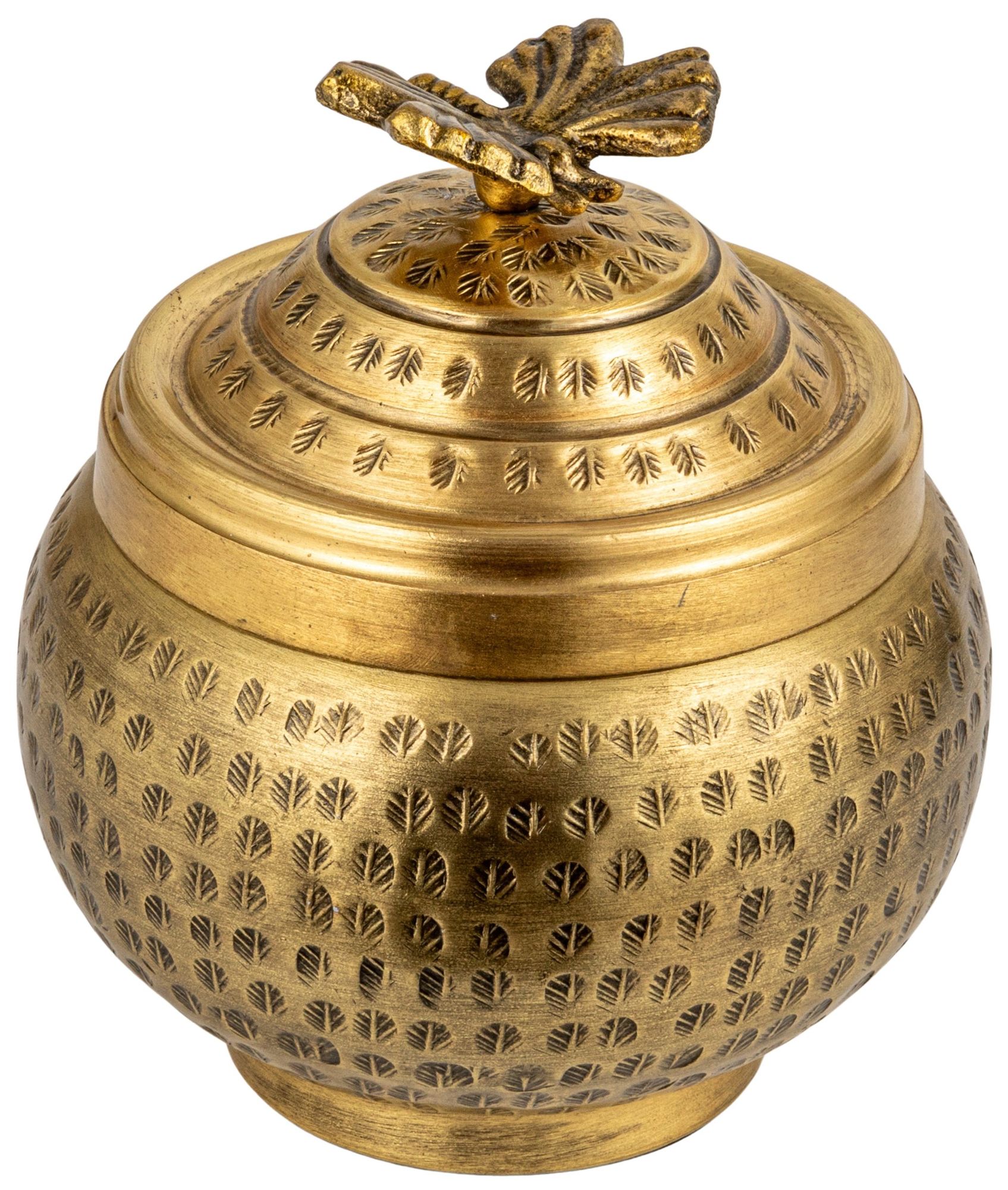 Image 3 Round Hammered Metal Container with Butterfly Finial, Brass Finish more views