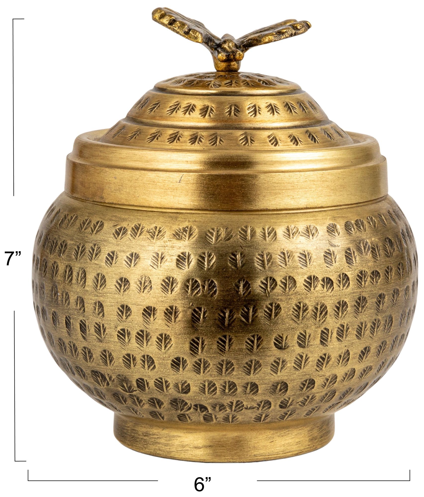 Image 4 Round Hammered Metal Container with Butterfly Finial, Brass Finish more views