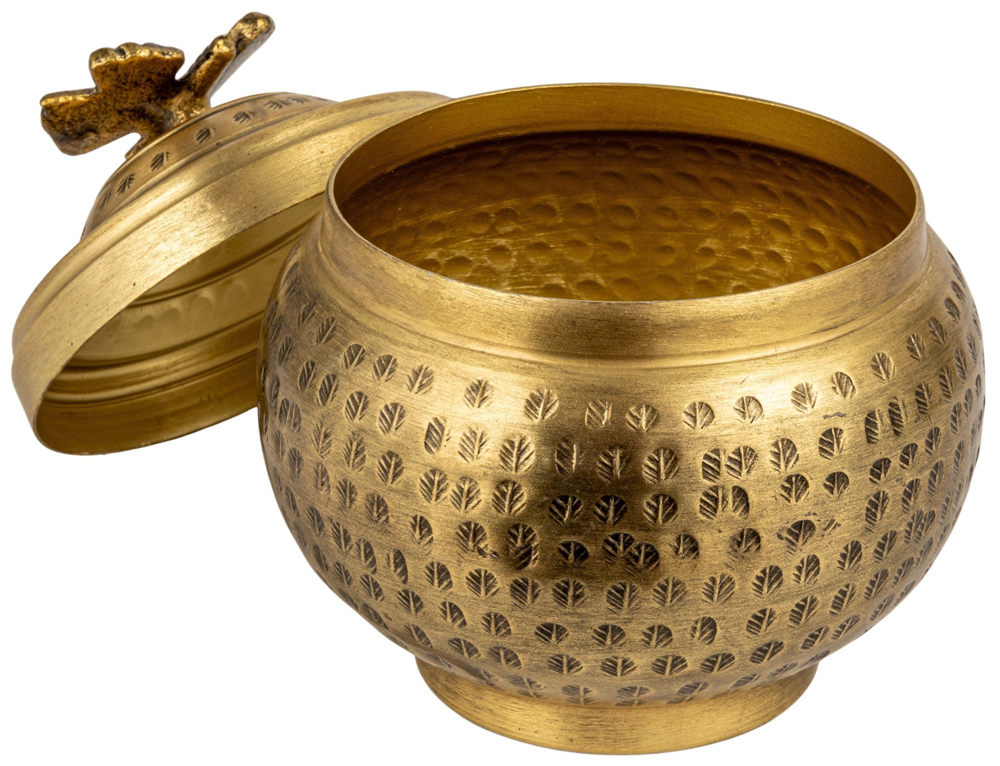 Image 7 Round Hammered Metal Container with Butterfly Finial, Brass Finish more views