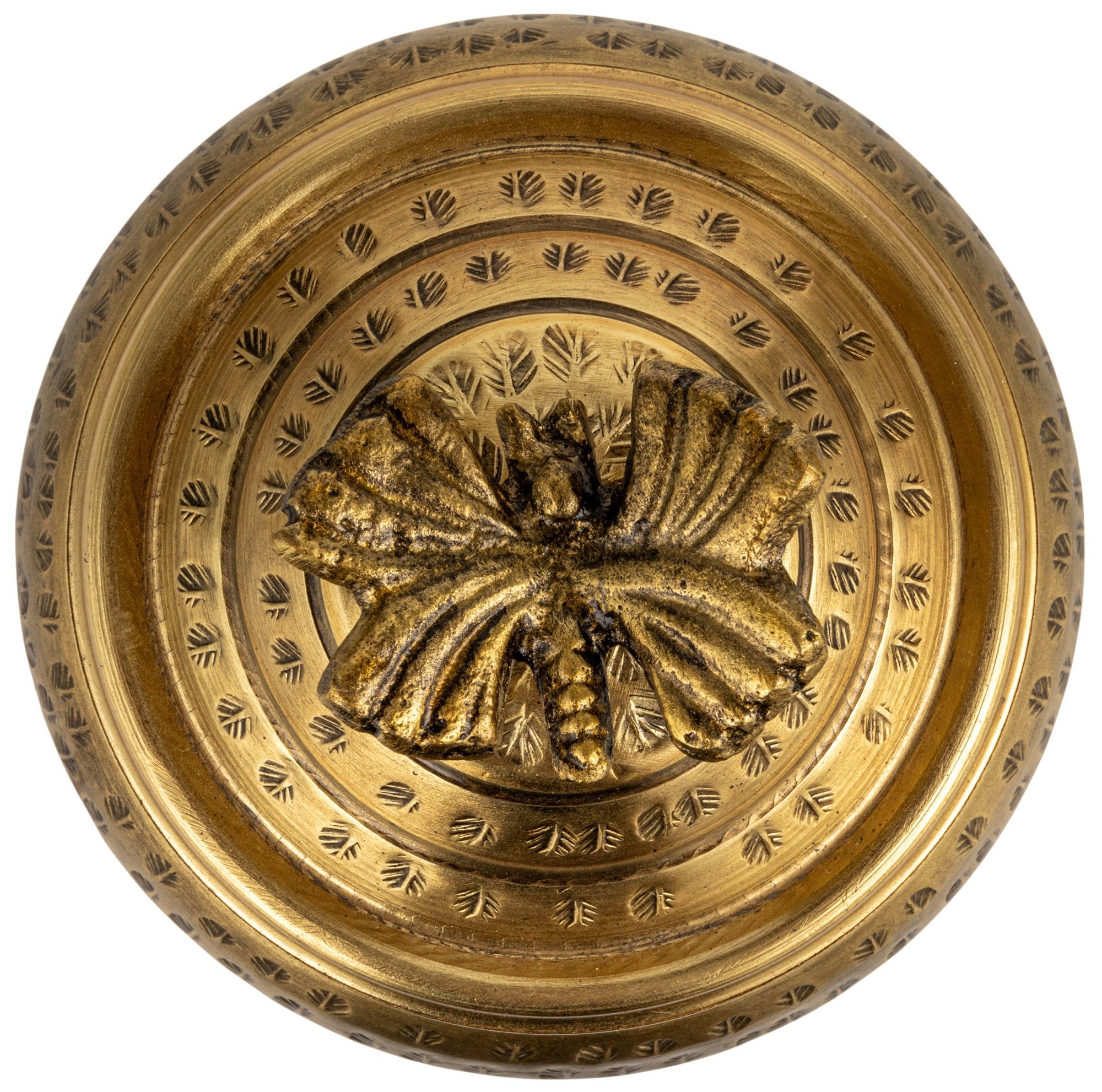 Round Hammered Metal Container with Butterfly Finial, Brass Finish