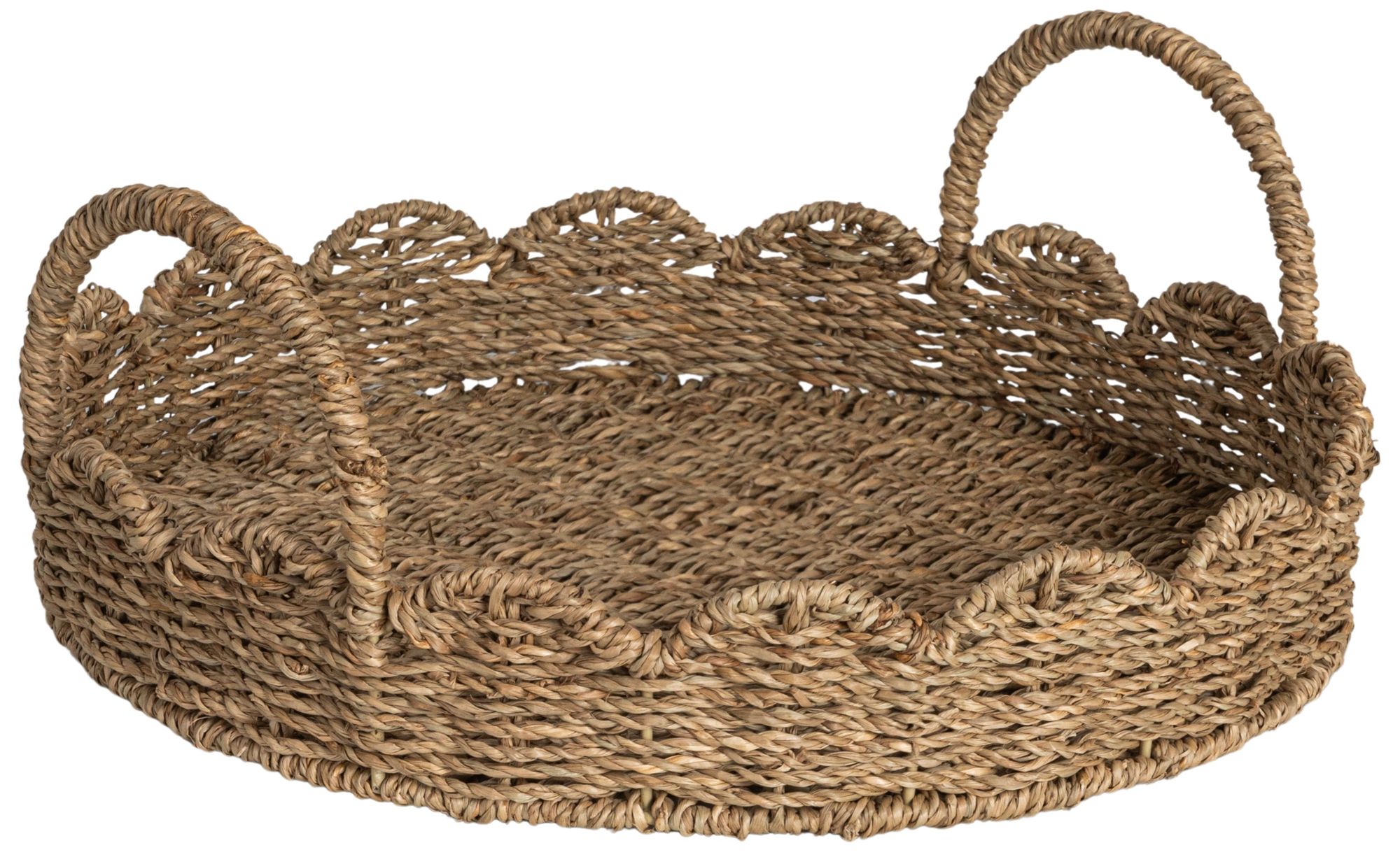 Image 2 Round Handwoven Seagrass Tray with Scalloped Edge and Handles, Natural