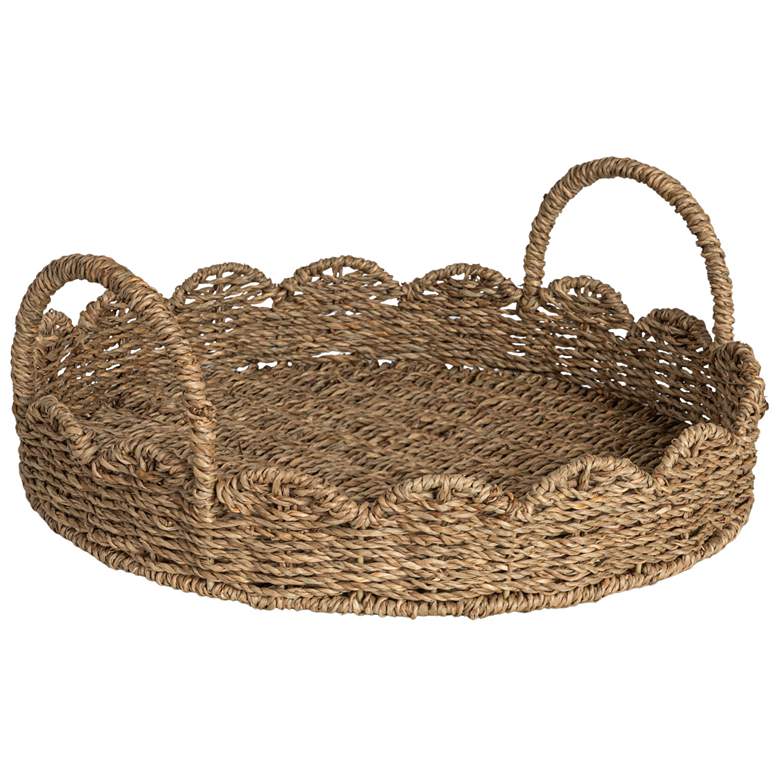 Image 2 Round Handwoven Seagrass Tray with Scalloped Edge and Handles, Natural