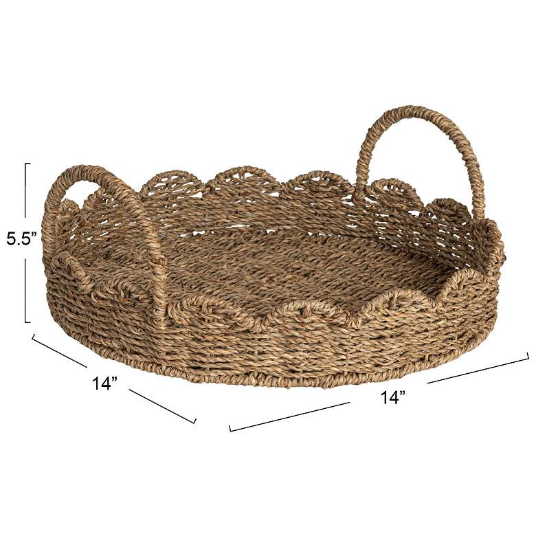 Image 3 Round Handwoven Seagrass Tray with Scalloped Edge and Handles, Natural more views