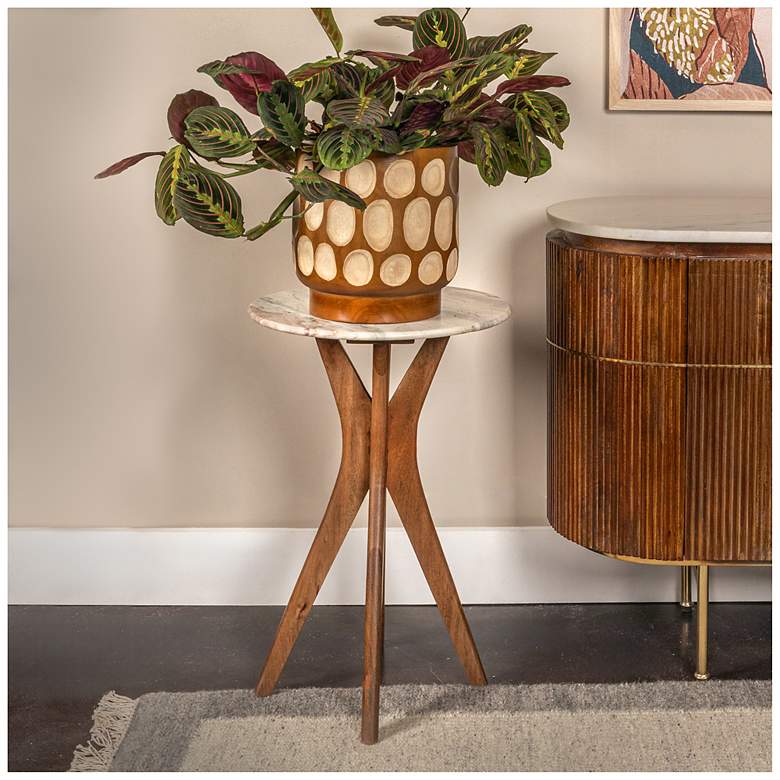 Image 1 Round Mango Wood and Marble Martini Accent Table, Walnut Finish