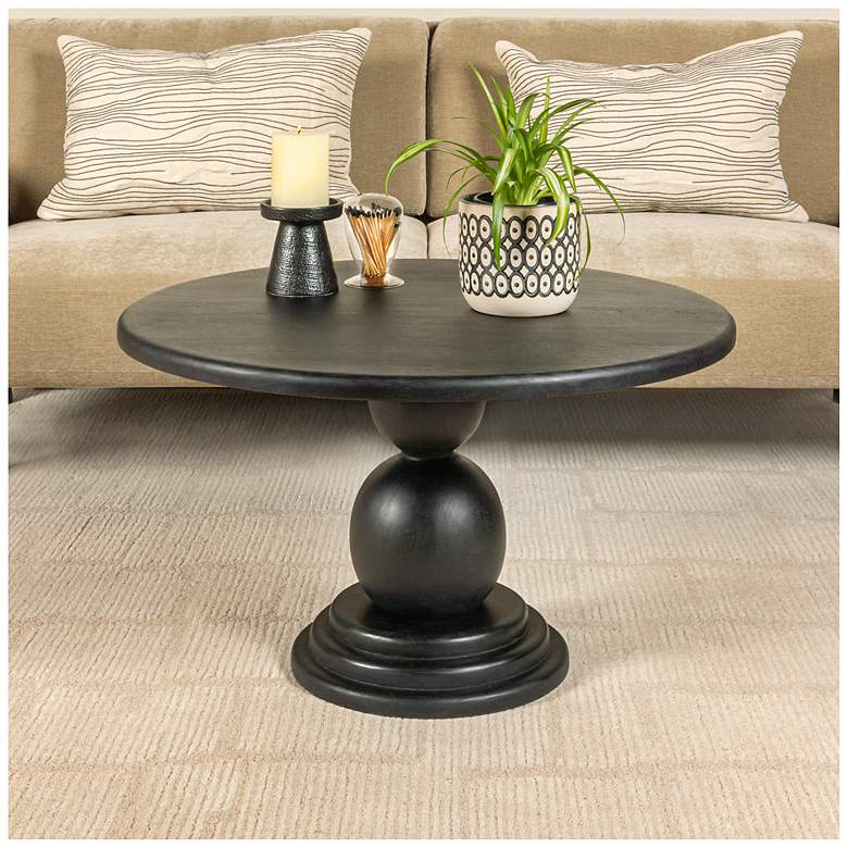 Image 2 Round Mango Wood Bulbed Pedestal Coffee Table, Black more views