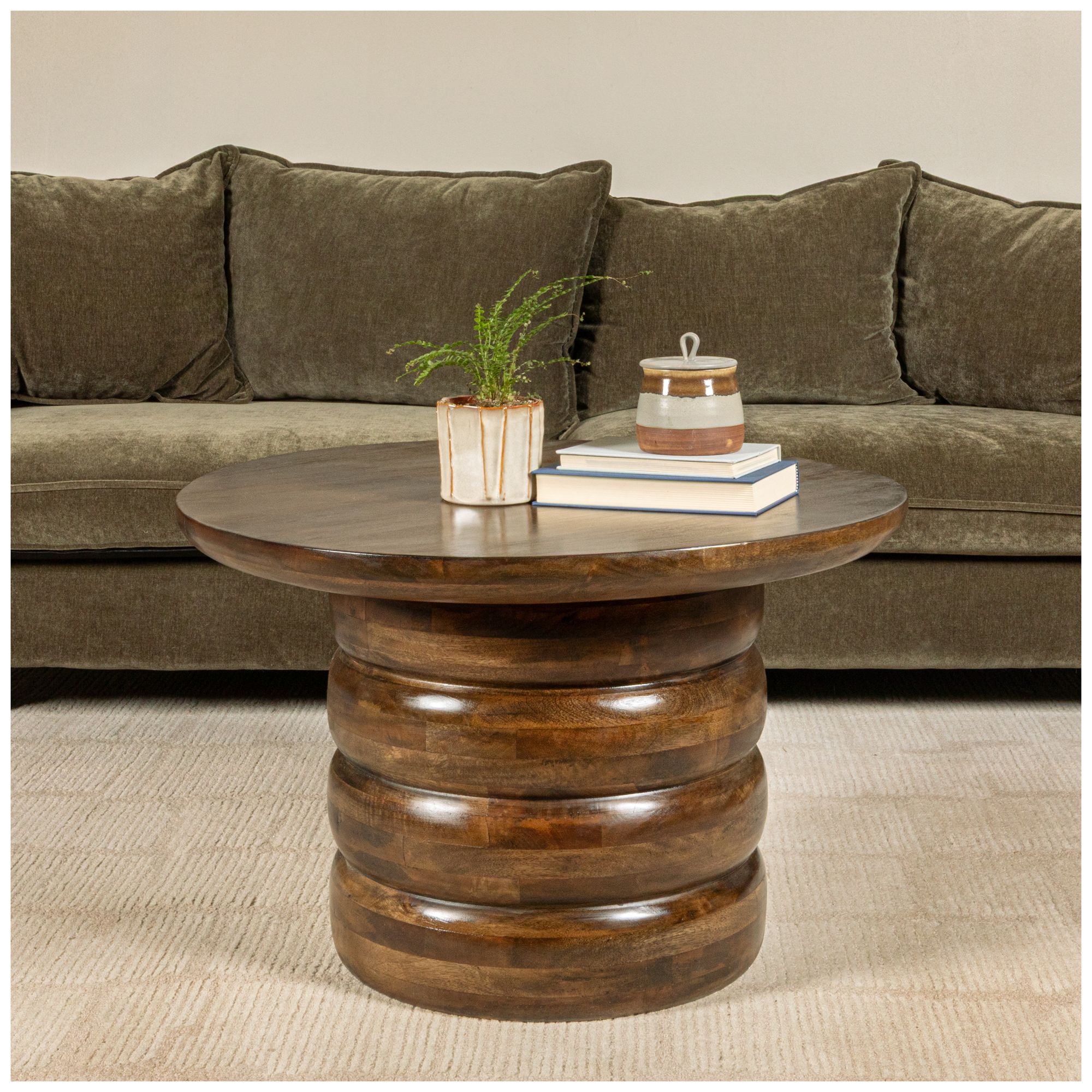 Image 2 Round Mango Wood Coffee Table with Ribbed Base, Walnut Finish more views