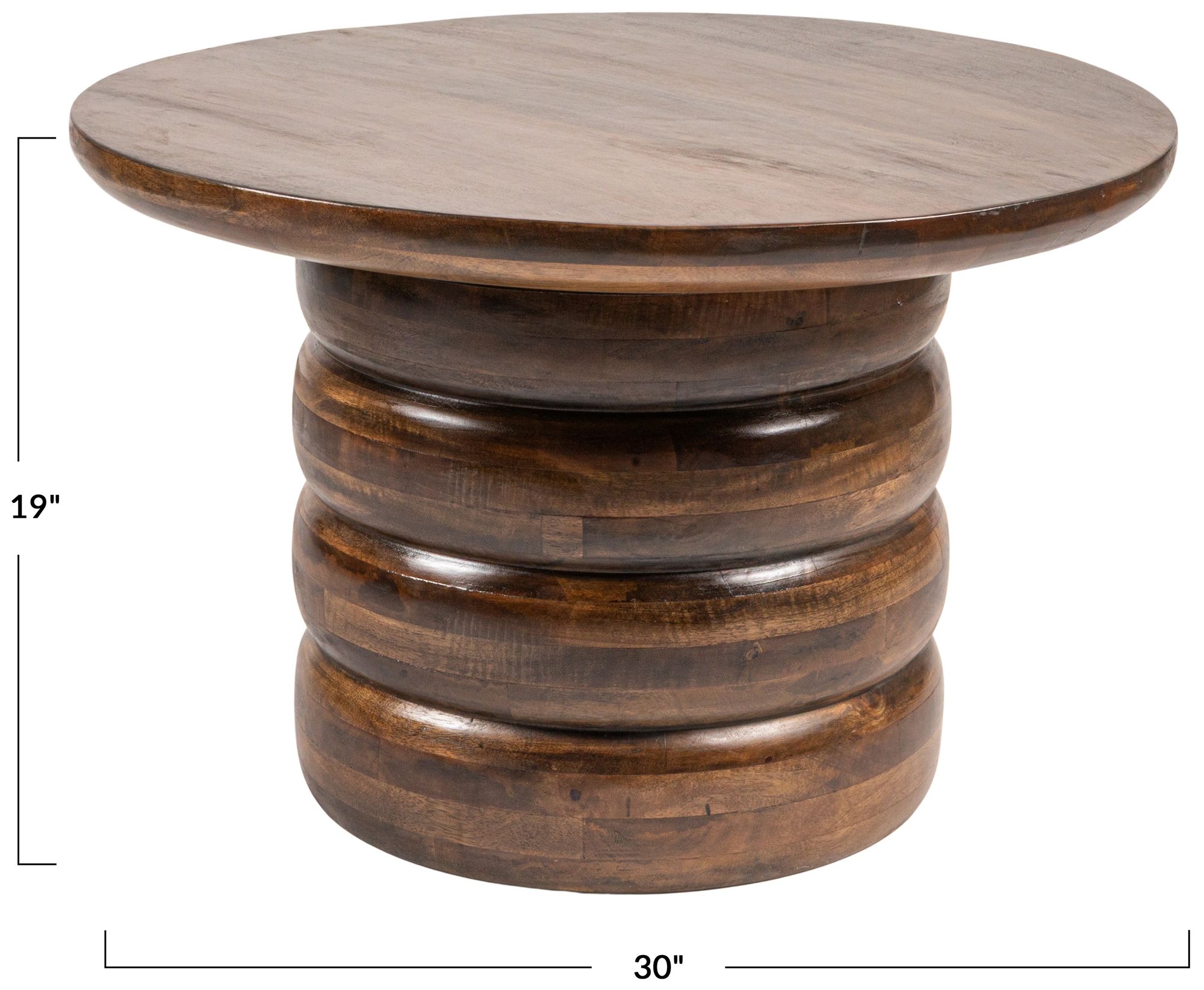 Image 3 Round Mango Wood Coffee Table with Ribbed Base, Walnut Finish more views
