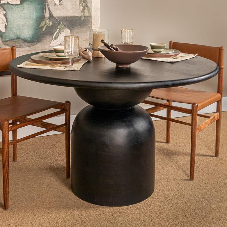 Image 1 Round Mango Wood Dining Table with Stacked End Grain Base and Black Finish