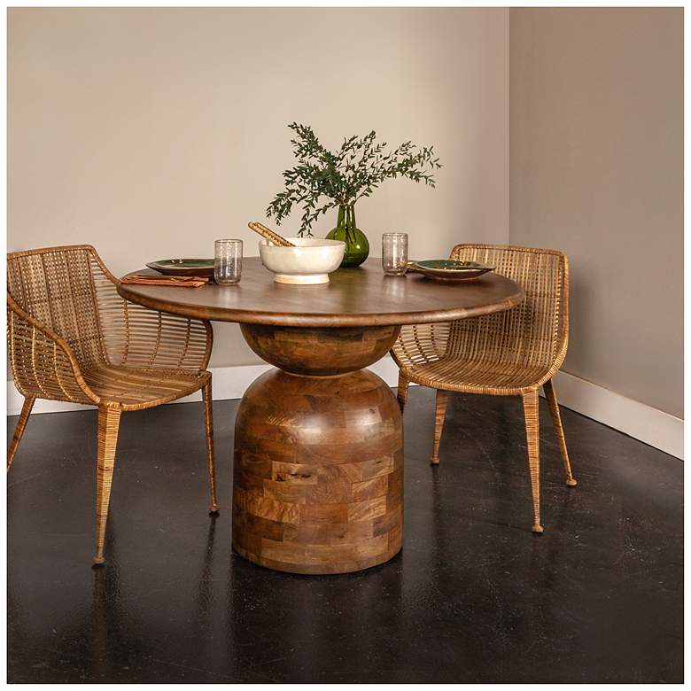 Image 2 Round Mango Wood Dining Table with Stacked End Grain Base and Walnut Finish more views