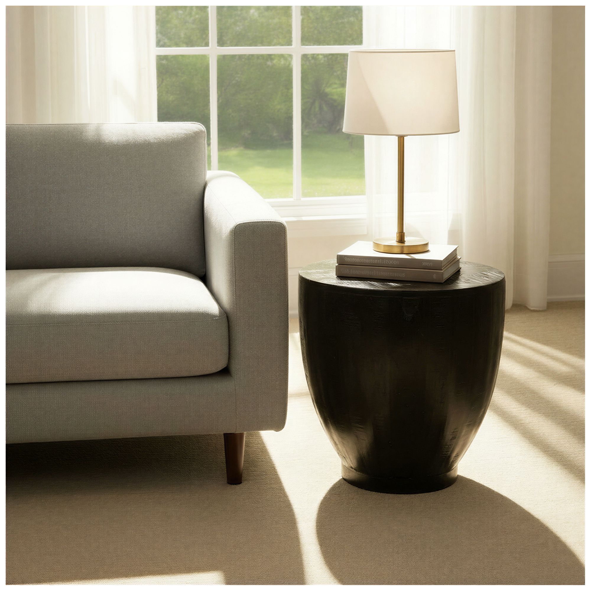 Image 3 Round Mango Wood Drum End Table with Combed Finish, Black more views