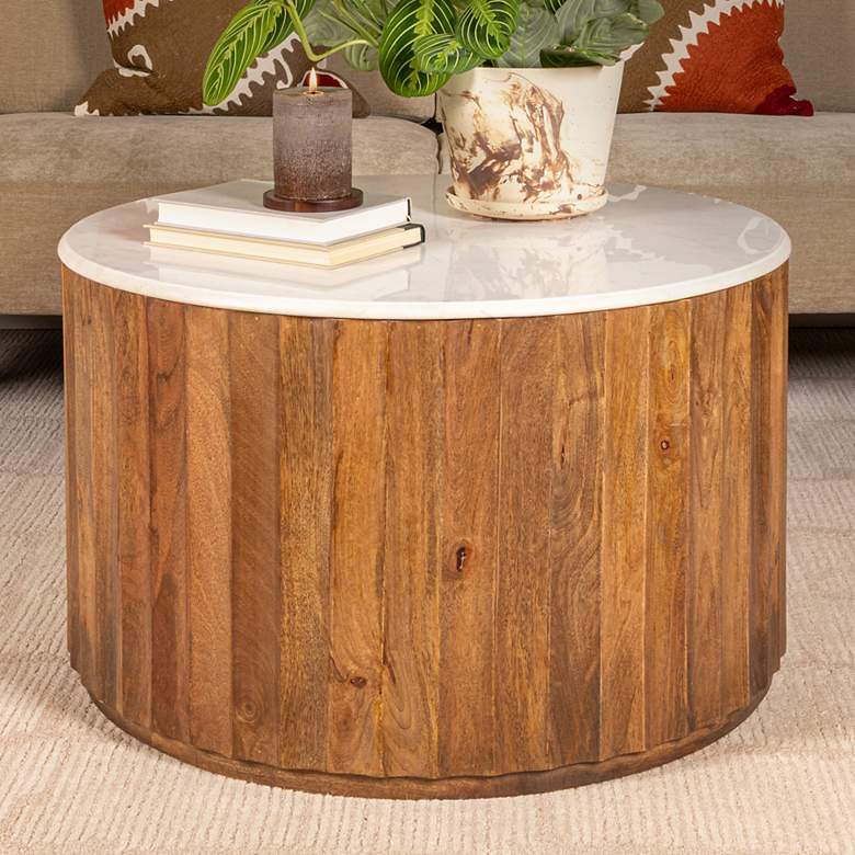 Image 1 Round Mango Wood Fluted Coffee Table with Marble Top