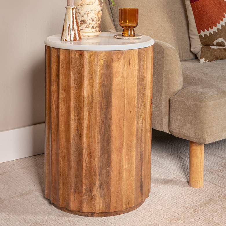 Image 1 Round Mango Wood Fluted End Table with Marble Top
