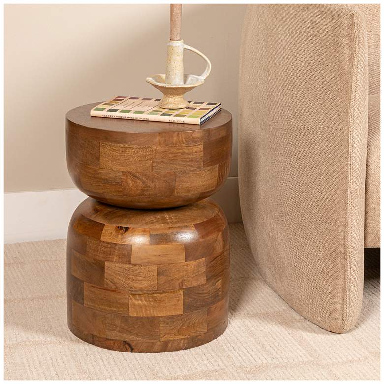 Image 1 Round Mango Wood Stacked End Grain Accent Table, Walnut Finish
