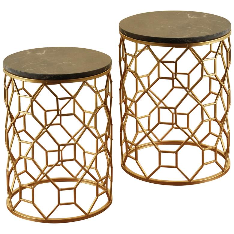 Image 1 Round Marble Side Tables - Light Brown Marble Top - Gold Base - 2-Piece Set