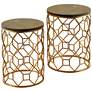 Round Marble Side Tables - Light Brown Marble Top - Gold Base - 2-Piece Set