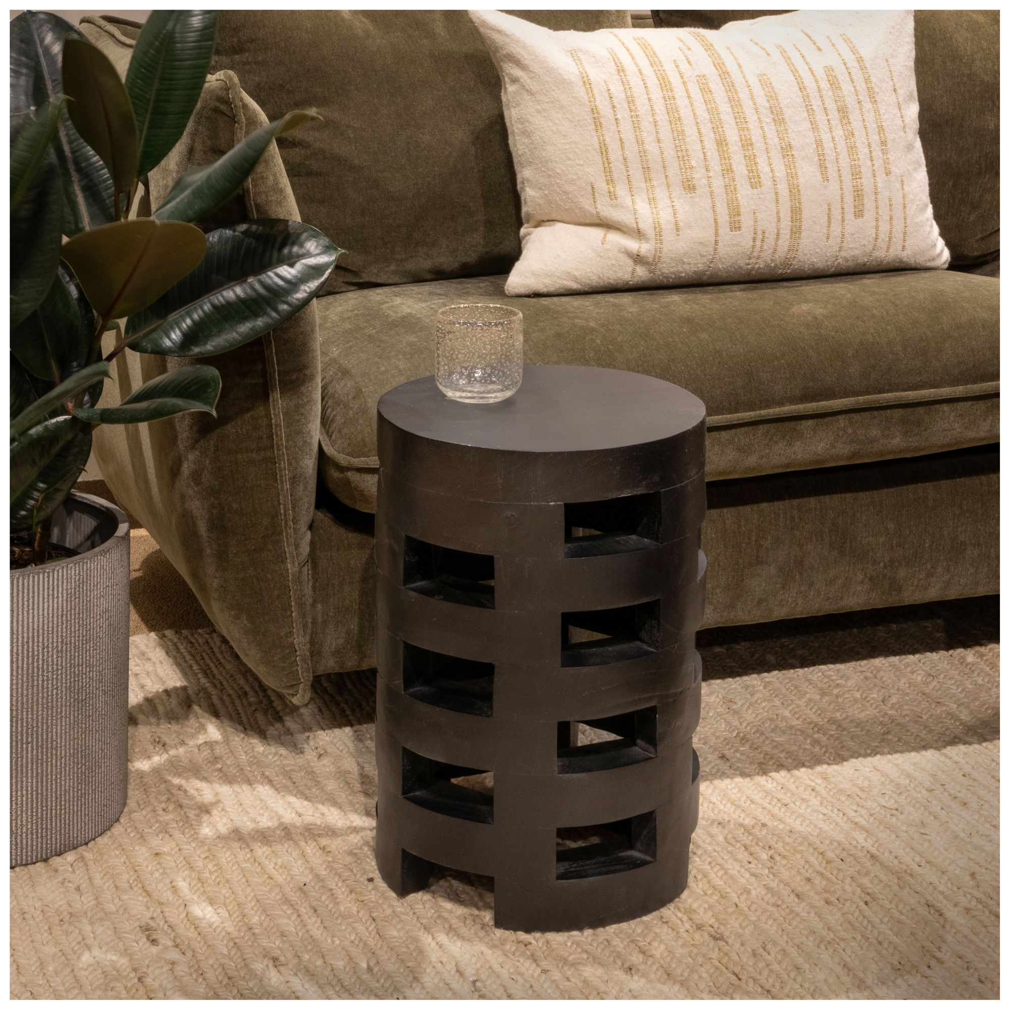 Image 2 Round Mindi Wood Stool with Textured Surface, Black more views