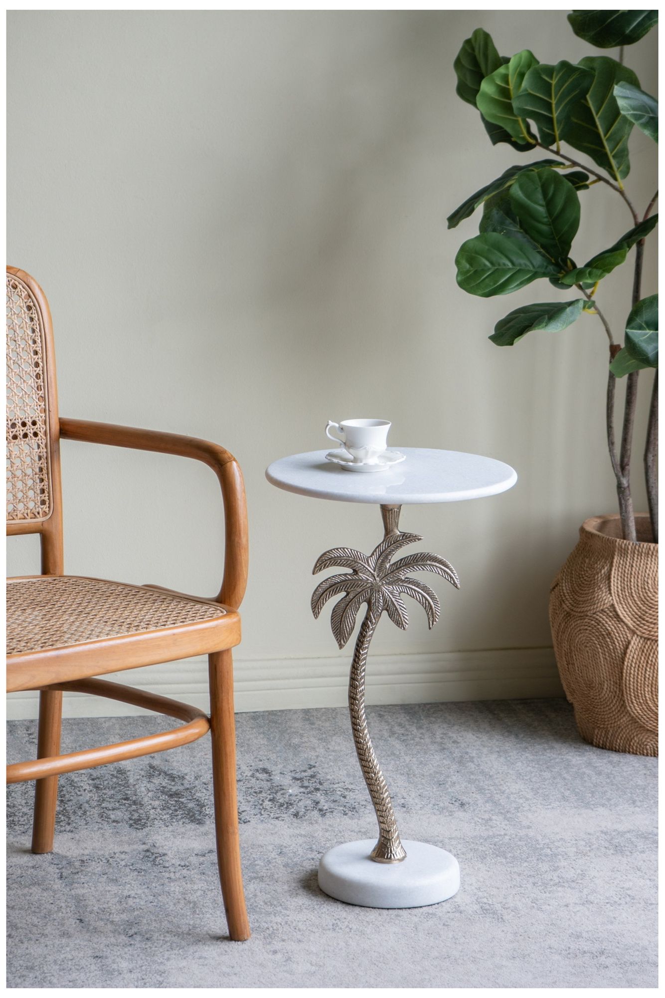 Image 6 Round Side Table w/ White Marble Top & Gold Palm Tree Design more views