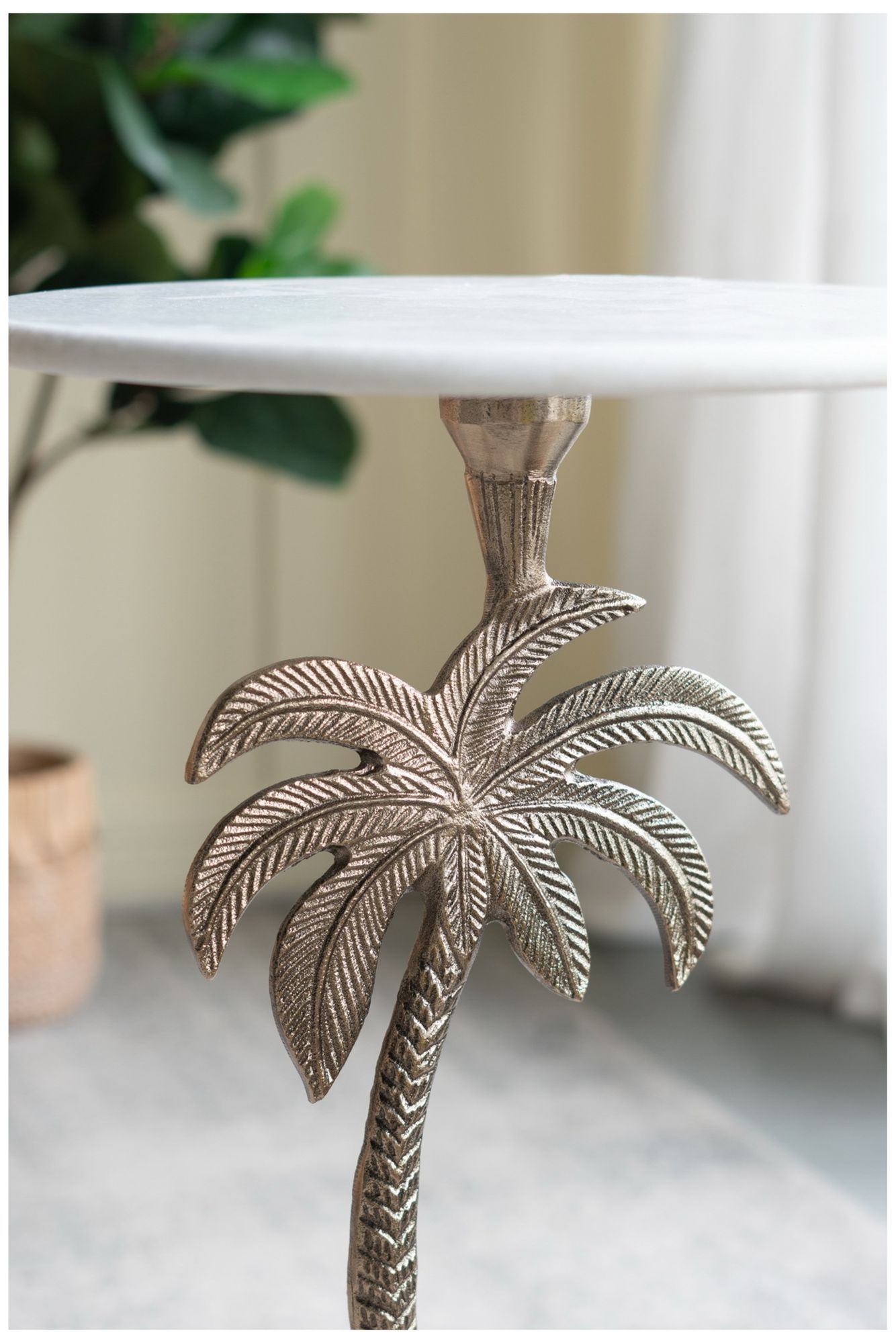 Image 7 Round Side Table w/ White Marble Top & Gold Palm Tree Design more views
