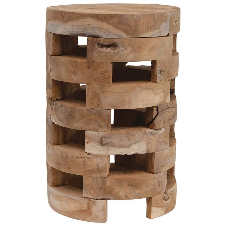 Image 1 Round Teakwood Stool with Textured Surface, Brown