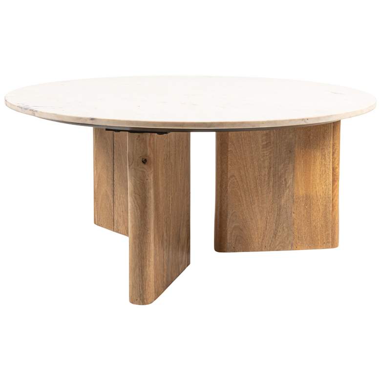 Image 2 Round Tri-Pod Slat Mango Wood and Marble Coffee Table
