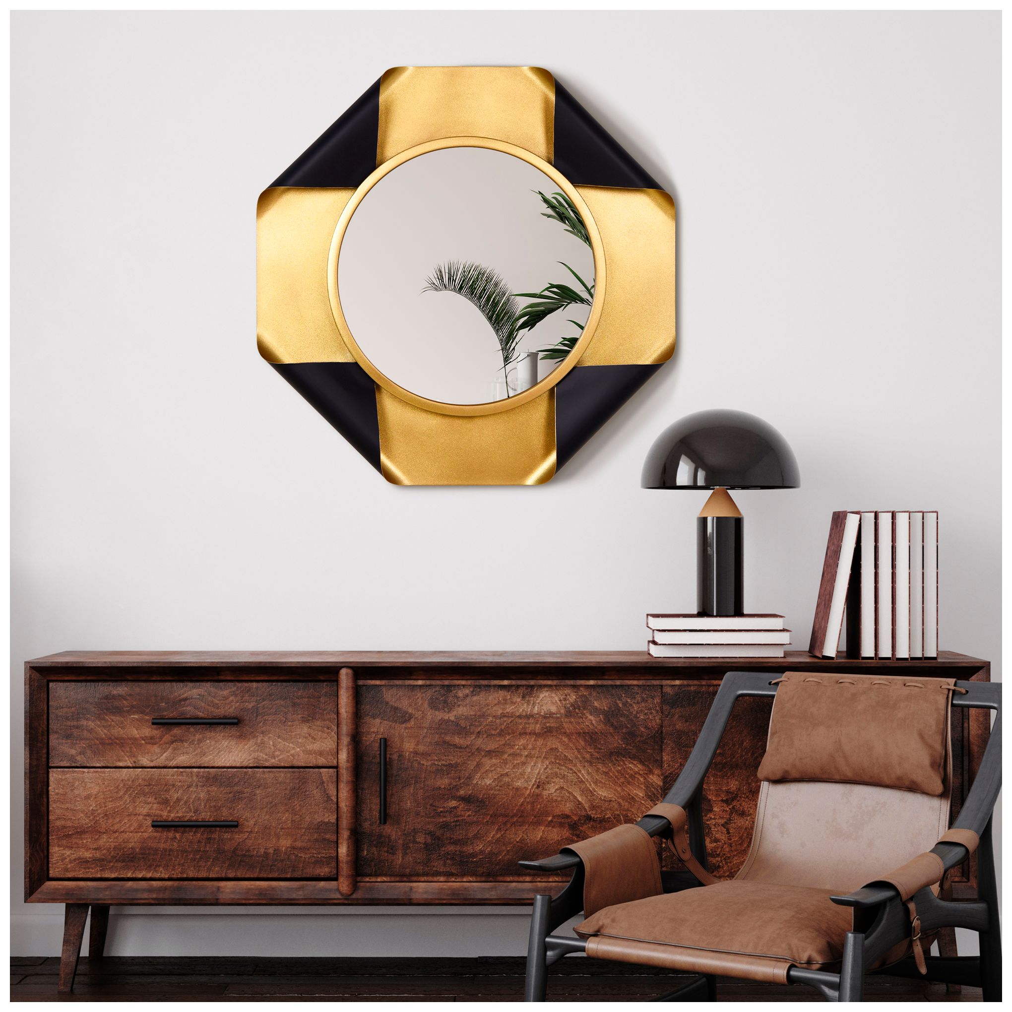 Round Wall Mirror on Gold Foiled Octagon Curled Metal Frame