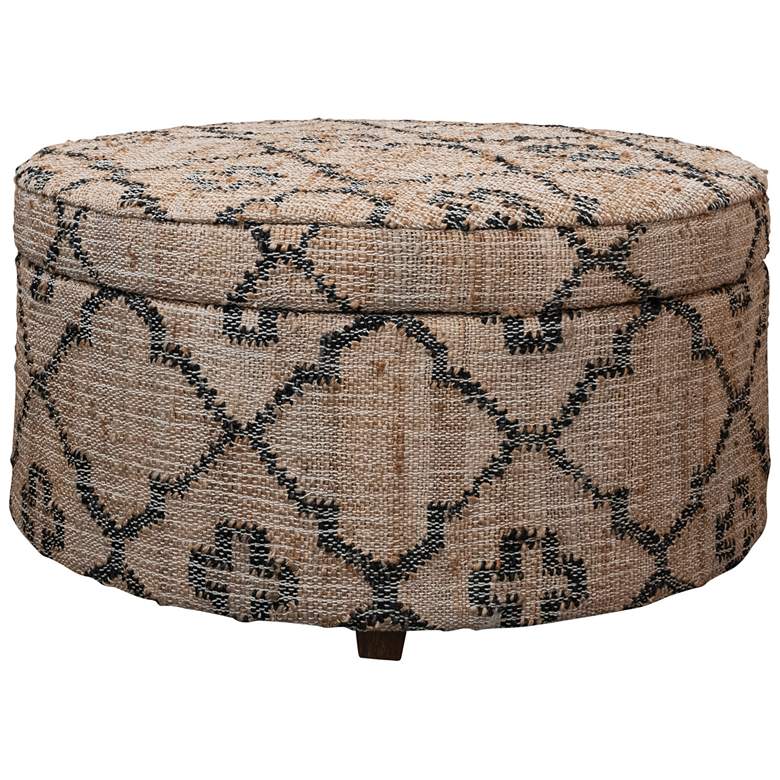 Image 1 Round Woven Jute Kilim Upholstered Storage Ottoman with Pillows