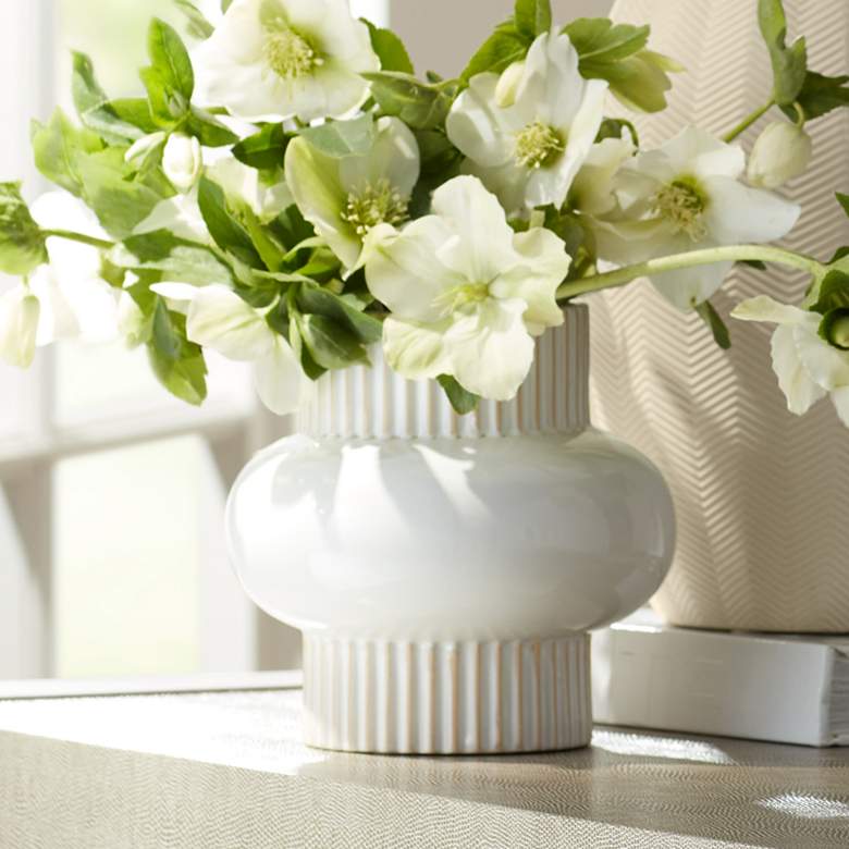 Image 1 Rounded Center 6 1/2" High White Porcelain Decorative Vase