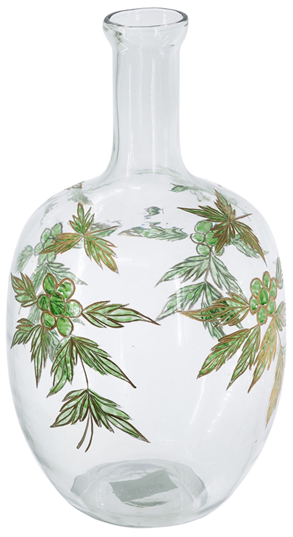 Image 2 Rounded Clear Glass Vase w/ Narrow Neck & Green & Gold Botanical Design more views