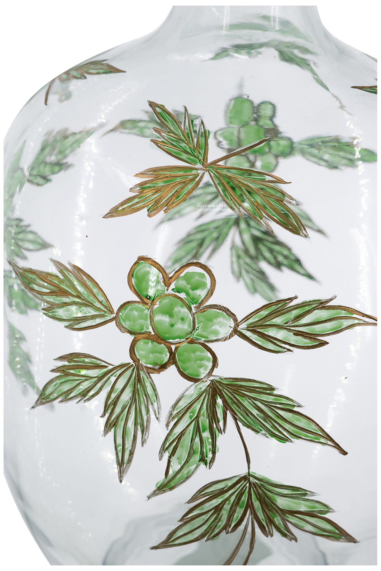 Image 3 Rounded Clear Glass Vase w/ Narrow Neck & Green & Gold Botanical Design more views