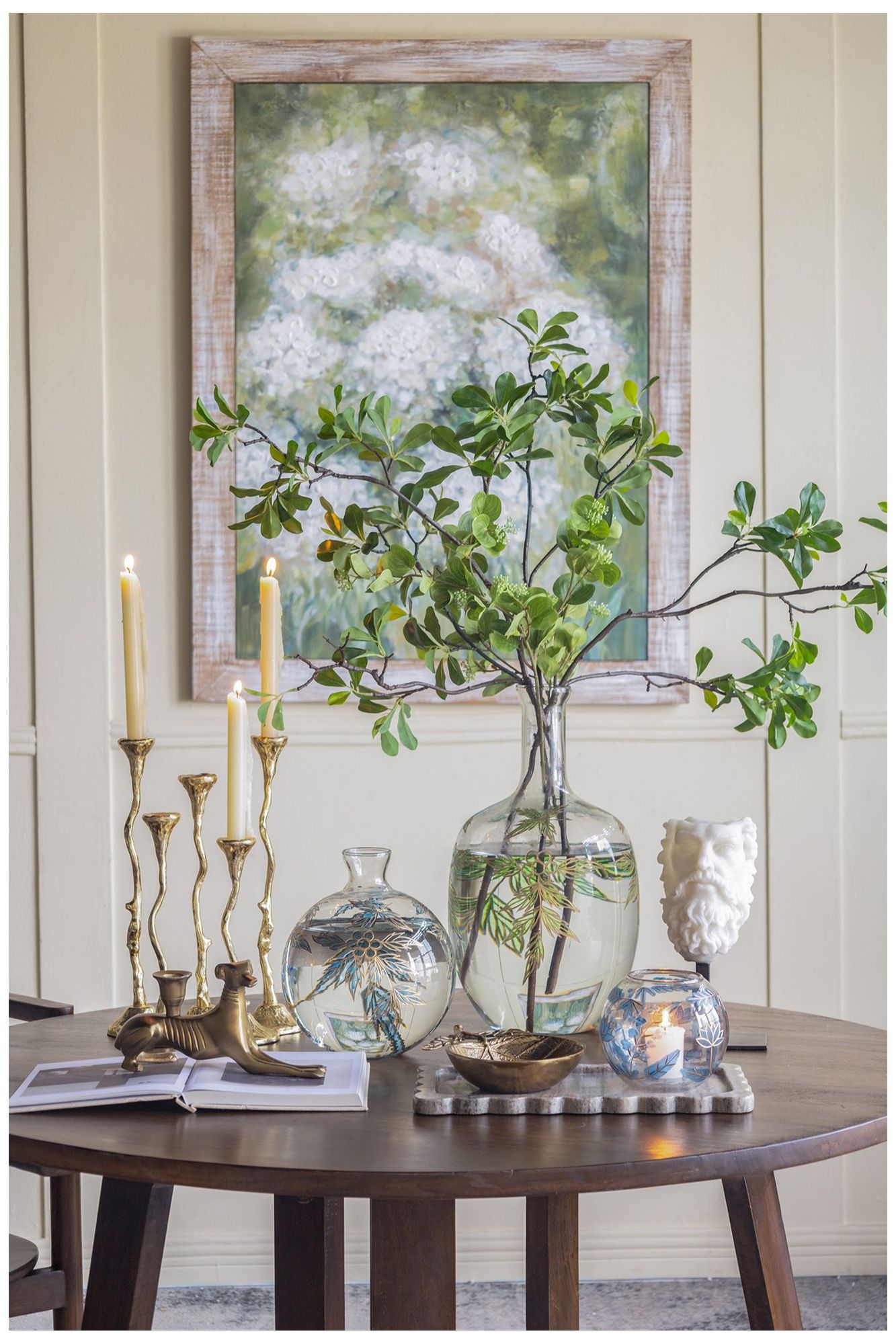 Image 4 Rounded Clear Glass Vase w/ Narrow Neck & Green & Gold Botanical Design more views