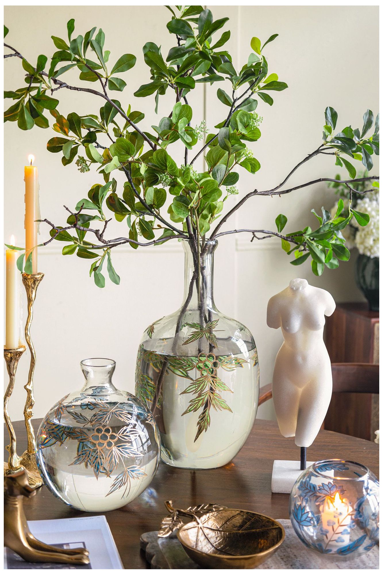 Image 5 Rounded Clear Glass Vase w/ Narrow Neck & Green & Gold Botanical Design more views