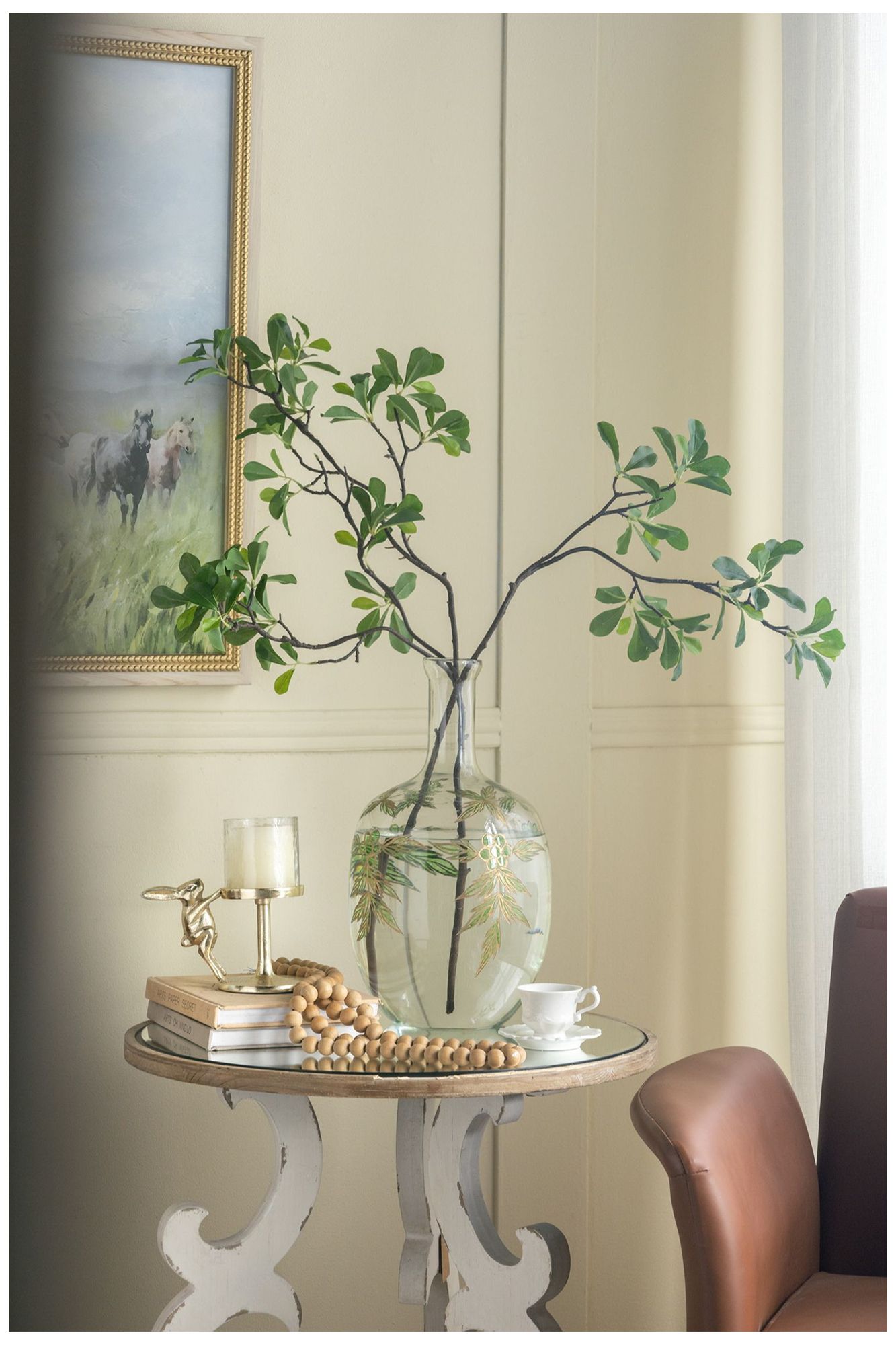 Image 6 Rounded Clear Glass Vase w/ Narrow Neck & Green & Gold Botanical Design more views