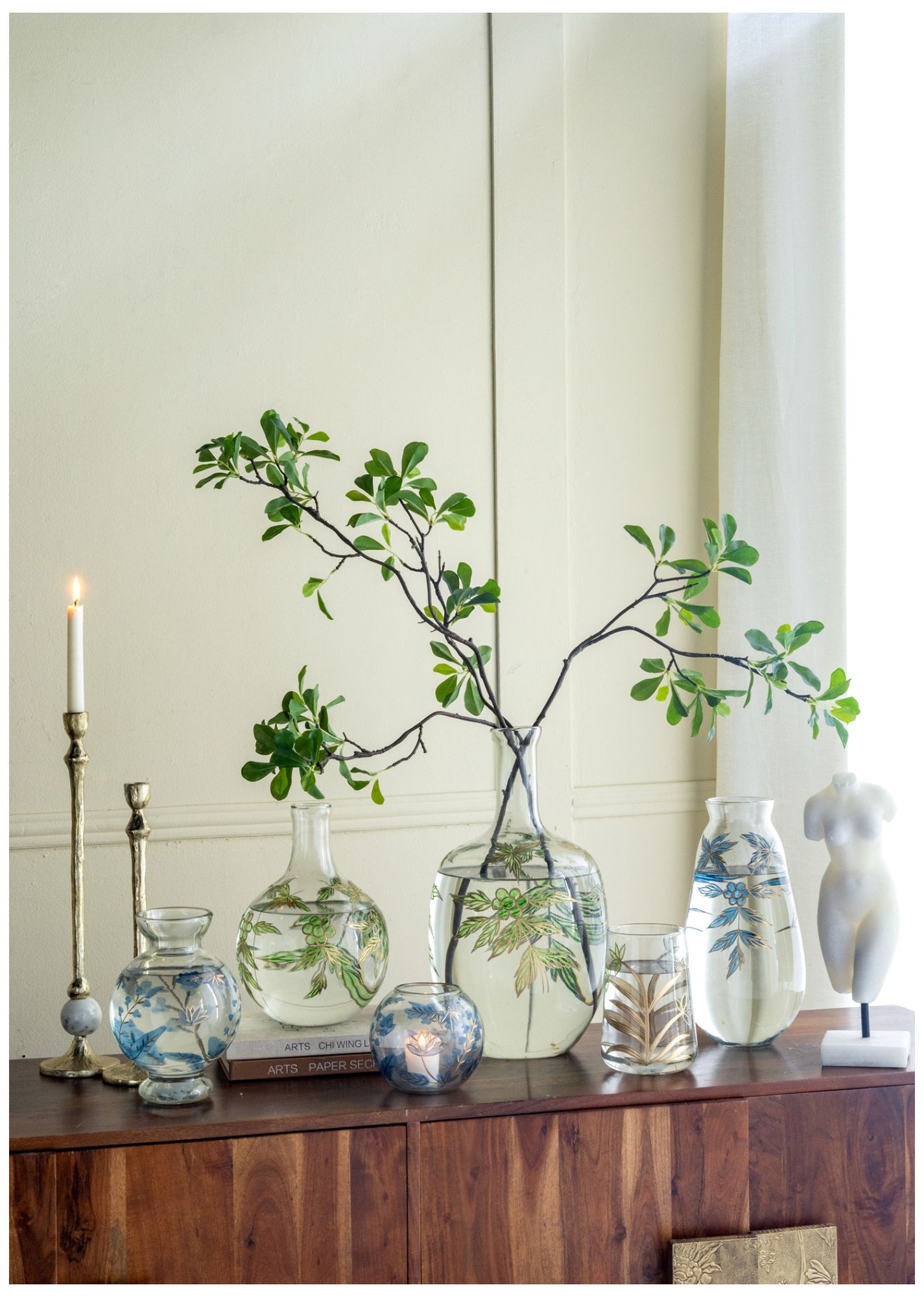 Image 7 Rounded Clear Glass Vase w/ Narrow Neck & Green & Gold Botanical Design more views